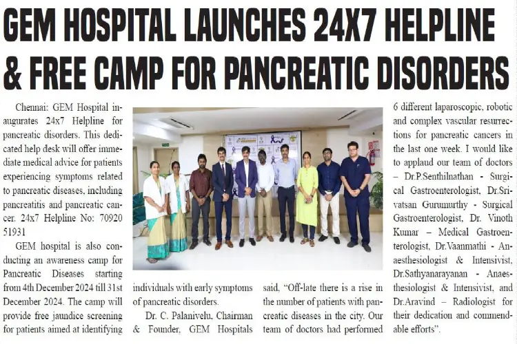 GEM Hospital announces 24x7 helpline and free medical camp for pancreatic disorder patients